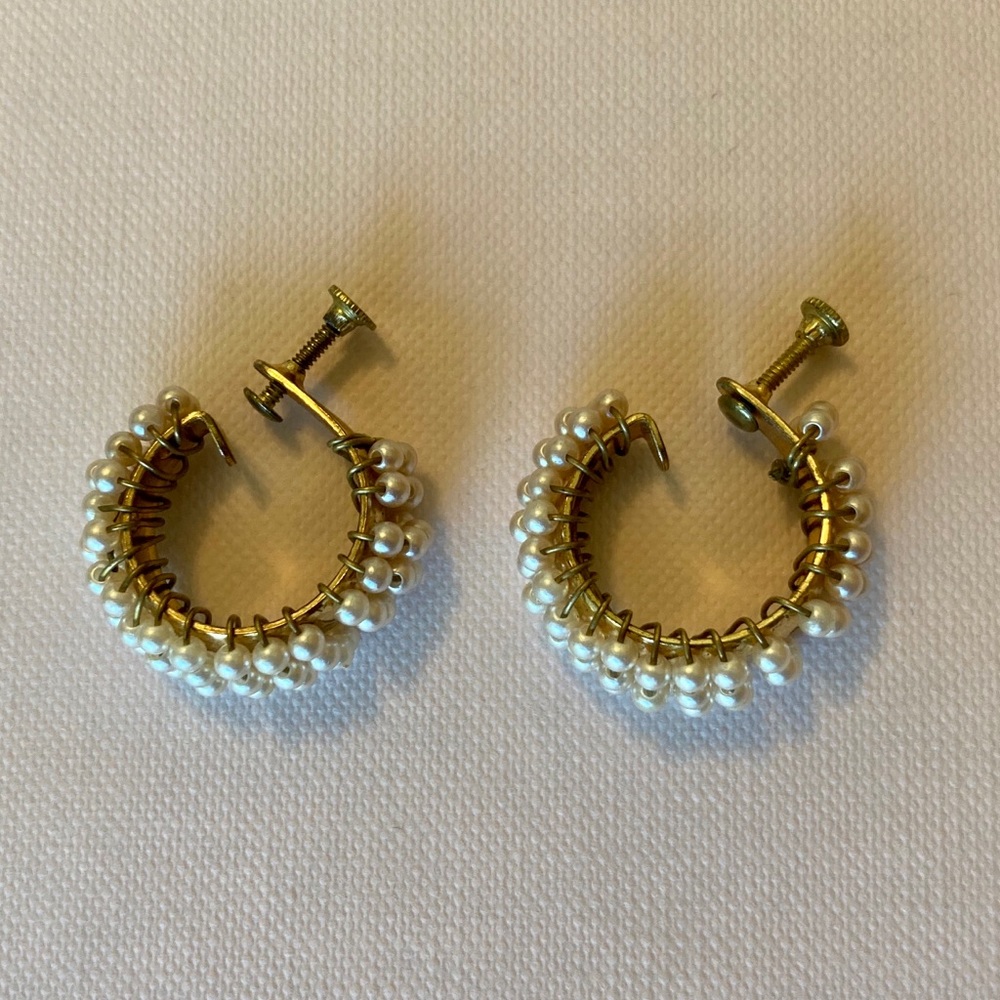 Pearl Hoop Screw Back Earrings Gold Tone